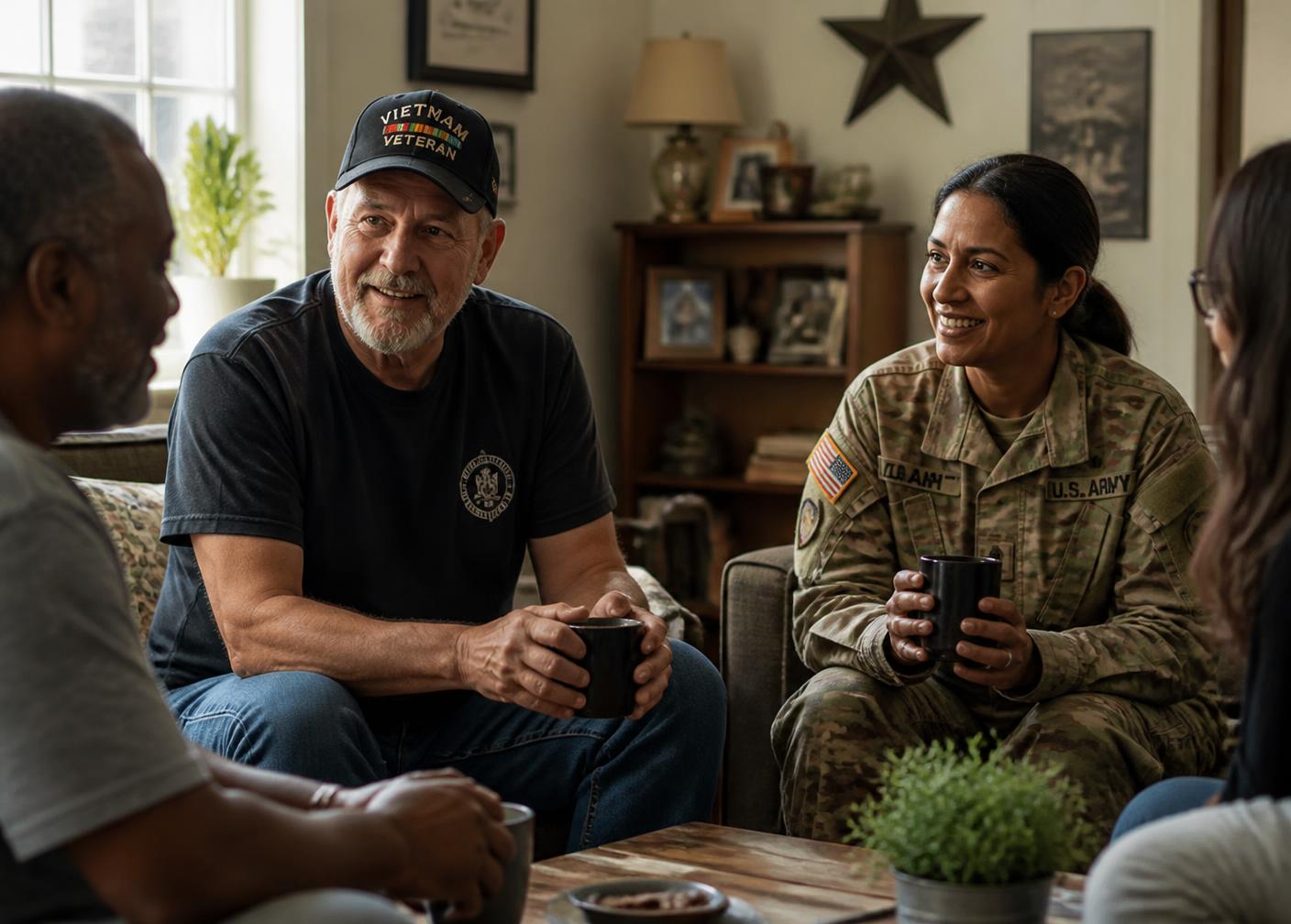 Veterans and residents sharing conversation in a bright community living room