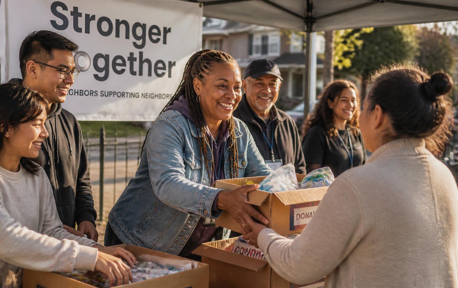 Community volunteers organizing donations at a neighborhood support event