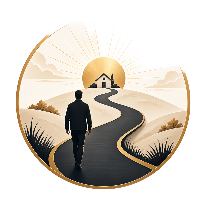 Illustration of a person walking a pathway toward a home at sunrise