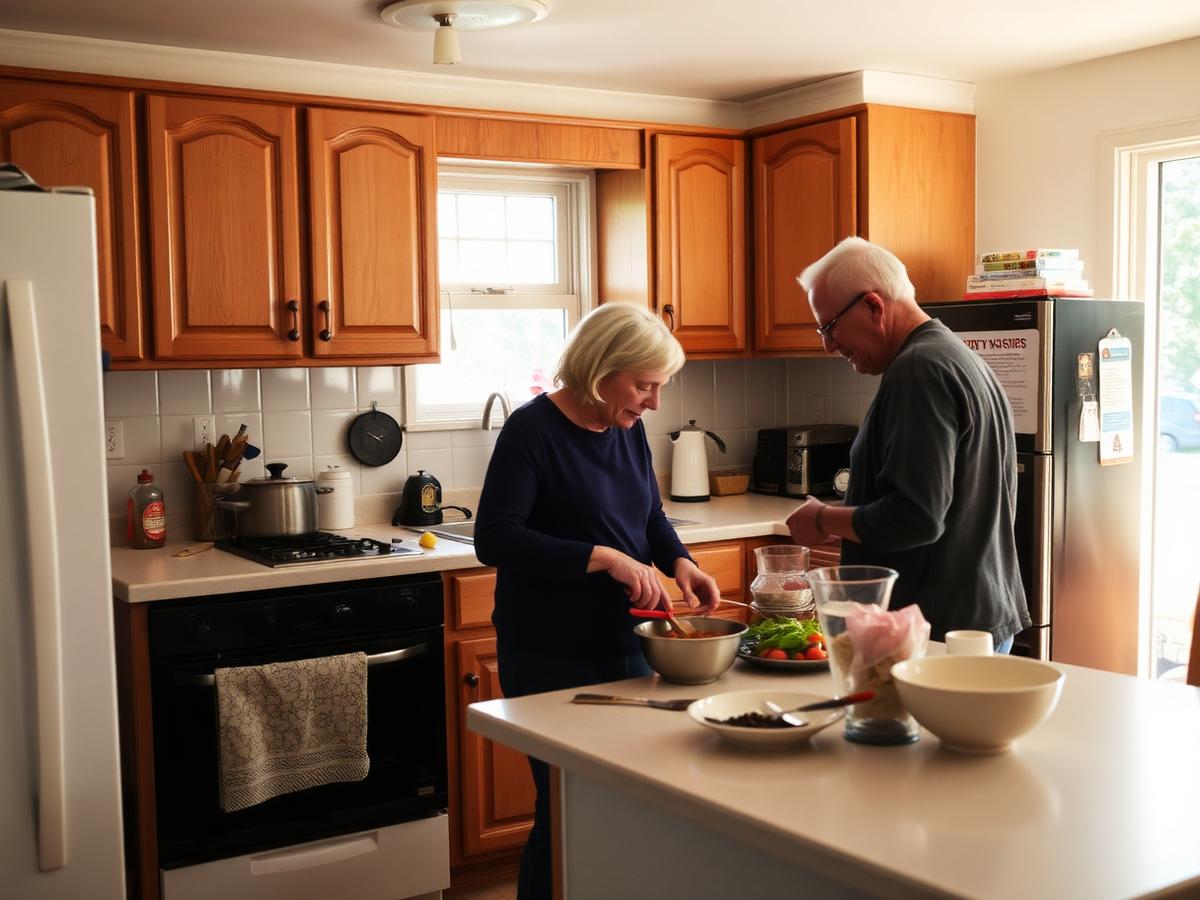 Residents preparing a meal in a shared kitchen